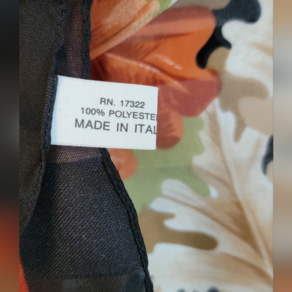 Vintage Scarf Made in Italy Leaves in Black, Orange, Brown Tones - Picture 6 of 7